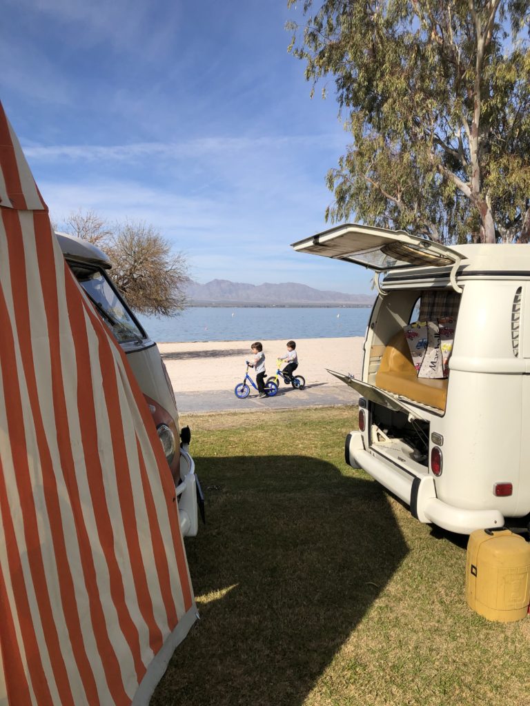 Buses, Little Bikers, and Beach scene