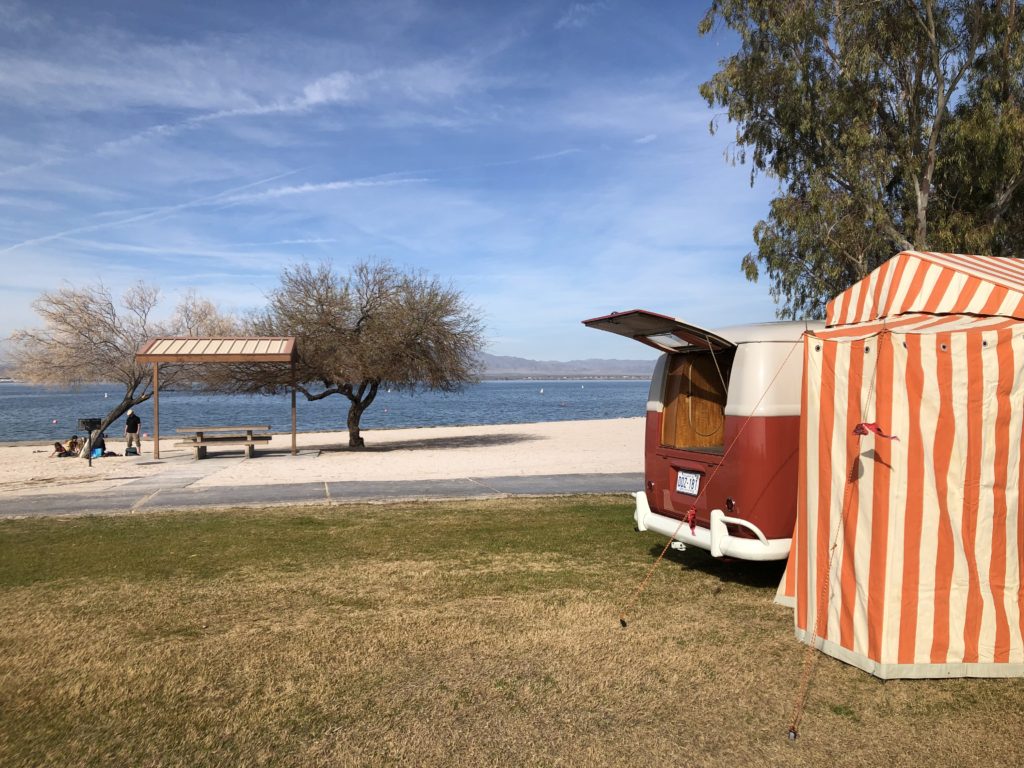 Setting up camp near the beach and lake